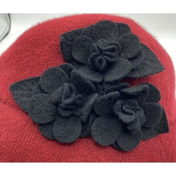 Badgley Mischka Red Wool Blend Cloche Bucket Hat with Gray Felt Flowers One Size - Picture 8 of 10